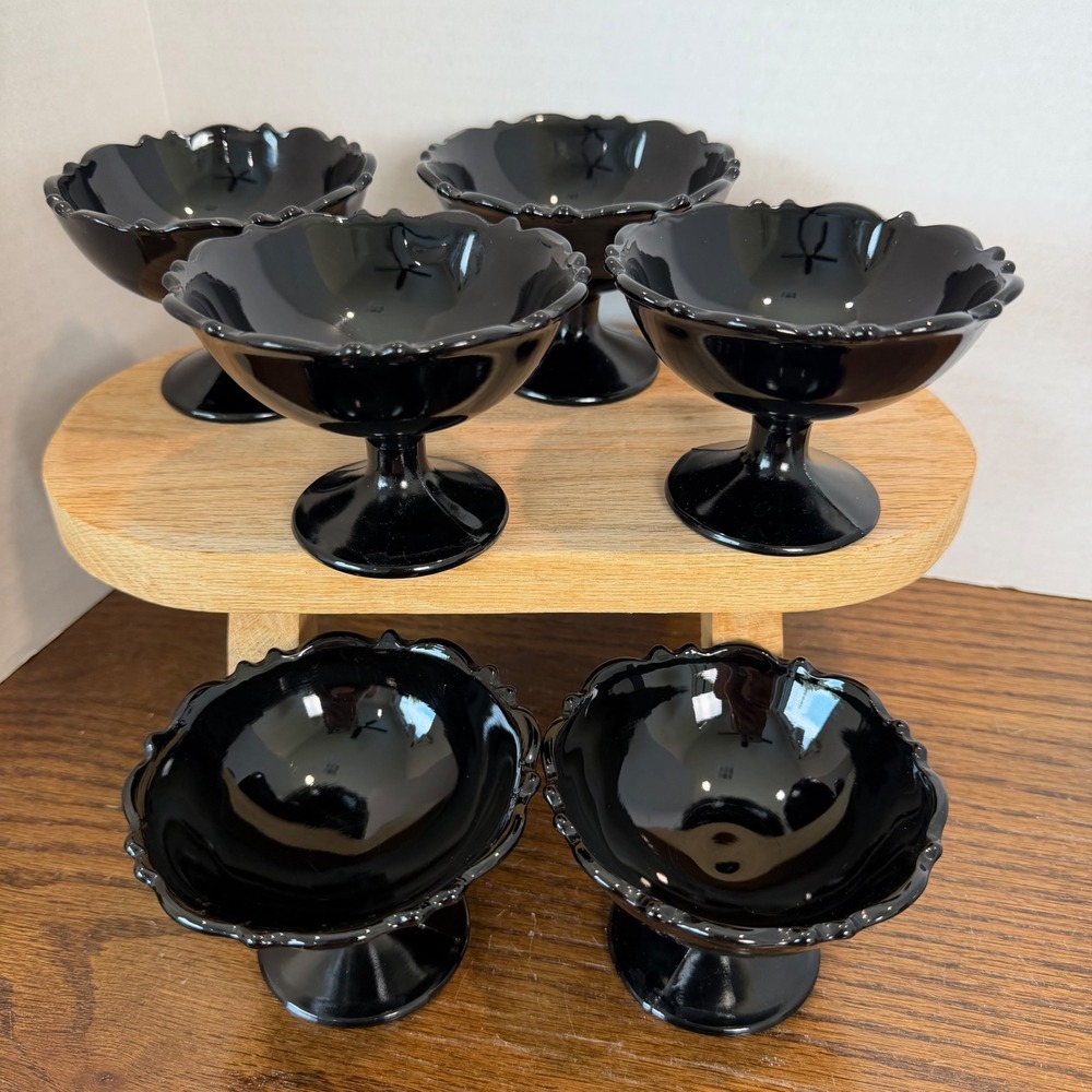 L.E. Smith‎ Mt. Pleasant Black Amethyst Glass Sherbet Cups Set 6 Vintage